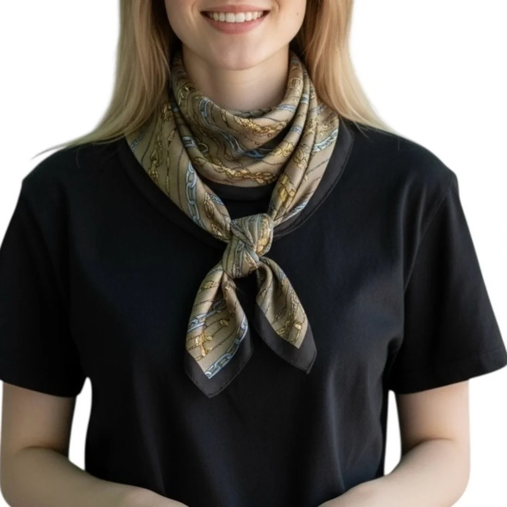 Elaine Gold Collection XII Ltd Vintage 100% Silk Scarf Brown Blue Chain Print
